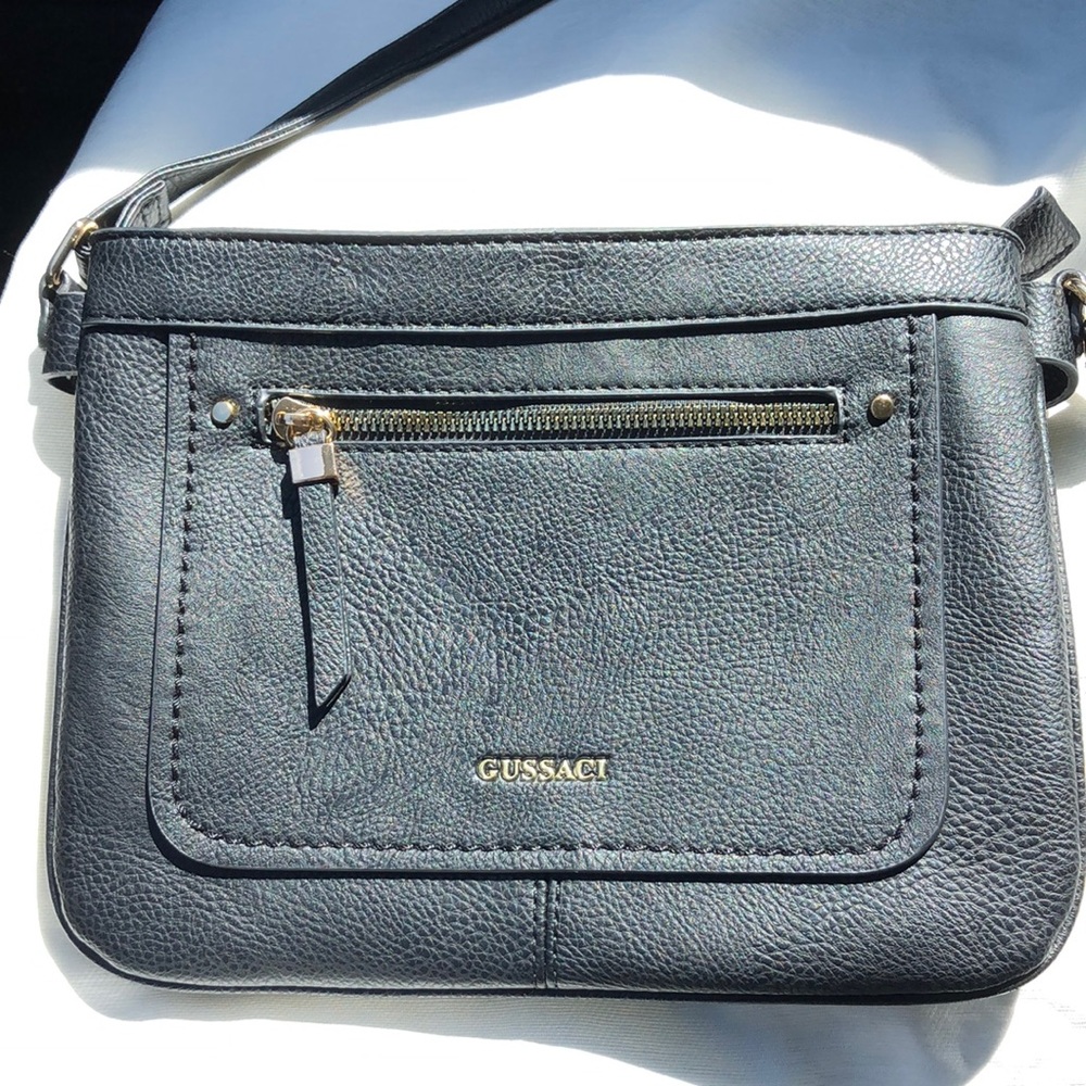 Guccaci Black Faux Leather Crossbody Bag with Metallic Accents